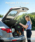 Portable Level 2 EV Charger 50 Amp 240 Volt Nema 1450 Plug With 25 Foot Cable in car trunk for easy travel.