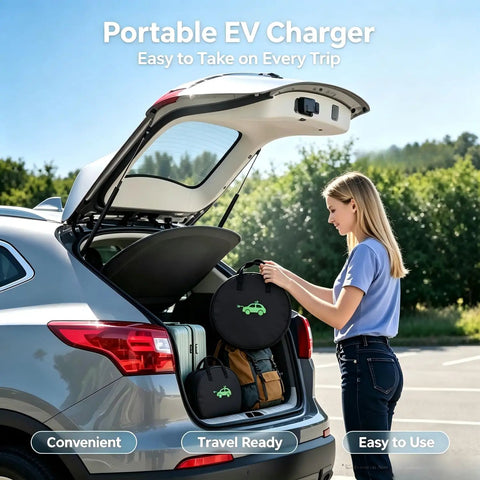 Portable Level 2 EV Charger 50 Amp 240 Volt Nema 1450 Plug With 25 Foot Cable in car trunk for easy travel.