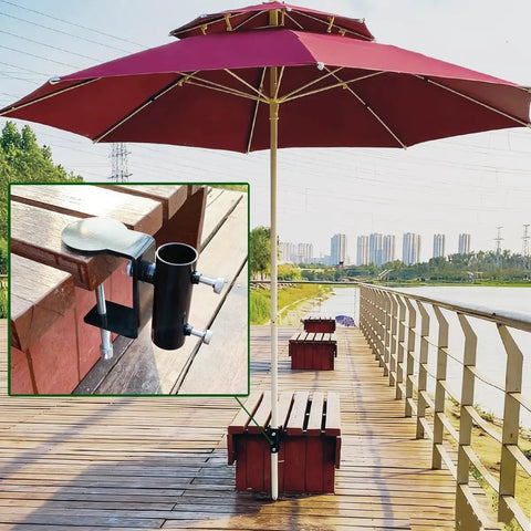 Heavy Duty Steel Umbrella Clamp That Attaches Anywhere A Deck Rail Or Boat Rail 360 Degree Rotatable Umbrella Holder with umbrella on deck