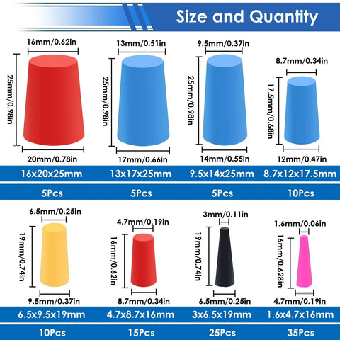 Dope 110 Pack Silicone Rubber Plugs Set For Coating And Painting Protection 8 Sizes And 5 Colors chart
