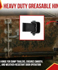 Eight Pack Heavy Duty Steel Dump Trailer Hinges With Weld On Short Leaf Strap Setup And Greaseable Pivot Pin displayed on a truck.