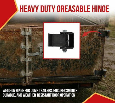 Eight Pack Heavy Duty Steel Dump Trailer Hinges With Weld On Short Leaf Strap Setup And Greaseable Pivot Pin displayed on a truck.