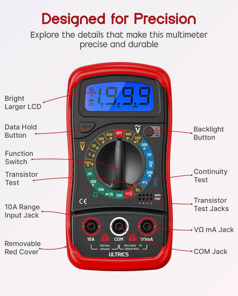 Digital Multimeter With Test Leads And Backlit LCD Display For Measuring AC DC Voltage DC Current Ohms Resistance Continuity And Diodes.