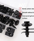 Universal Fender Liner Screws U Nut Kit M6-1.0 X 24mm With 10mm Hex Head U Clips in a plastic organizer, 50-piece set visible