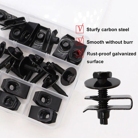 Universal Fender Liner Screws U Nut Kit M6-1.0 X 24mm With 10mm Hex Head U Clips in a plastic organizer, 50-piece set visible