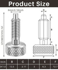 Retractable Spring Plunger With Knurled Handle M6 Quick Release Pins, diagram showing dimensions, silver color, 0.500 inch thread