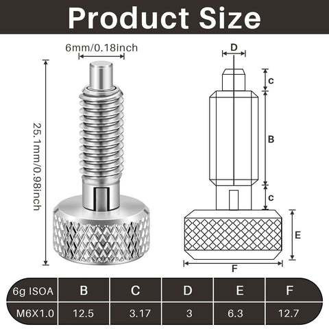 Retractable Spring Plunger With Knurled Handle M6 Quick Release Pins, diagram showing dimensions, silver color, 0.500 inch thread