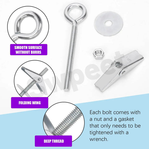 15 Piece M6x70mm Eye Bolt Toggle Bolt Kit With Wing Nuts Hex Nuts And Washers Heavy Duty Butterfly Toggle Anchors Swag Hooks