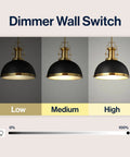 Modern Industrial 13 Inch Black And Brass Gold LED Dome Pendant Light dimming settings labeled low, medium, high