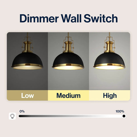 Modern Industrial 13 Inch Black And Brass Gold LED Dome Pendant Light dimming settings labeled low, medium, high
