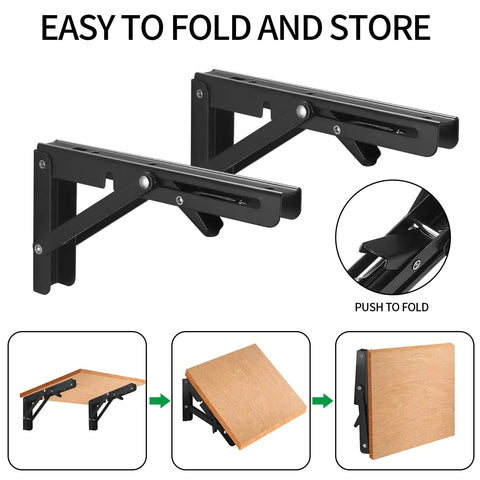 These Badass Heavy Duty Folding Shelf Brackets Bring Serious Strength As A 10 Inch Floating Triangle Wall Mount Hinge Setup for easy folding.