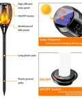 Diagram of Six Pack Solar Torch Lights With Realistic Flickering Flame, detailing parts including solar panel, ABS plastic, and ON/OFF switch.