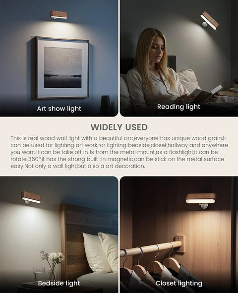 Legit Rechargeable Solid Wood Wall Sconces, Set Of Two Magnetic Bedside Reading Lights, Zero Wire Hassle, shown in bedroom and closet.