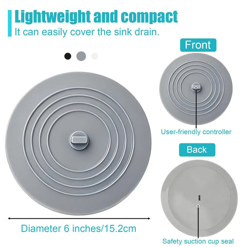 Six Inch Silicone Tub Stopper Five Pack Flat Suction Drain Plug That Locks Smooth As Silk For Bathtub Or Kitchen Sink Foul Odor Blocked Heavy Duty Rinse Ready Cover Grey front and back view.