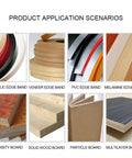 Various material edge bands and boards displayed for Portable Wood Edge Banding Machine With Intelligent Temperature Control 120 To 180C For Curve And Straight Edges Quick Setup Pro Grade No Fuss Woodworking Edge Bander That Boosts Efficiency.
