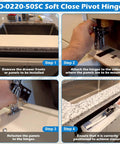 Step-by-step installation of LD-0220-50SC Soft Close Pivot Hinges for cabinets shown with hands demonstrating attachment.