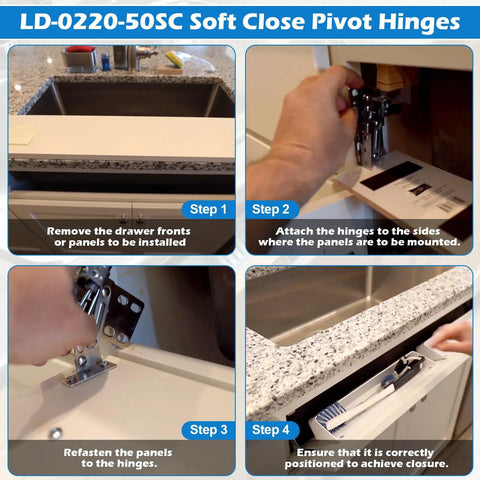 Step-by-step installation of LD-0220-50SC Soft Close Pivot Hinges for cabinets shown with hands demonstrating attachment.
