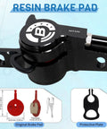 Bucklos MTB hydraulic disc brake set, angled-front view, black aluminum levers with calipers, resin pads and plate