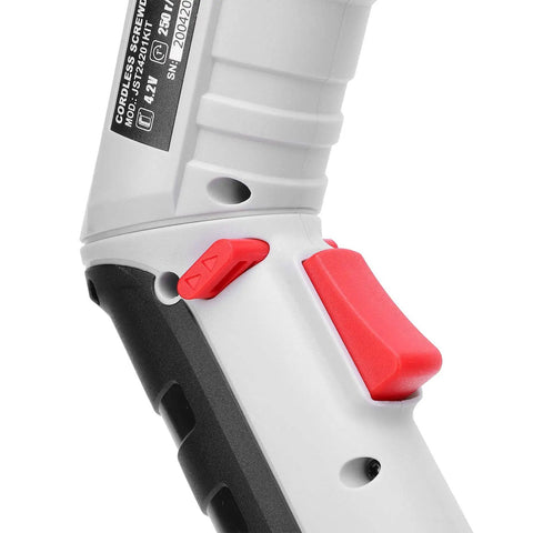 Kickass Compact Cordless Drill Driver Kit Boasts A Super Sleek Body With A Beast Mode 4.2V Lithium Battery And Powerful Led Work Light For Blazing Fast Drilling On Every Home Job grip with controls and battery slot visible