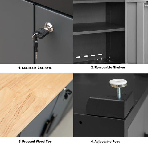 Features of Six Piece Garage Storage Cabinet Set With Lockers And Wood Workbench, includes lockable cabinets and removable shelves