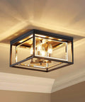 Modern Flush Mount Ceiling Light With E12 Base Three Lights Close To Ceiling Design Matte Black Exterior And Glossy Gold Inner Finish 12x12x7 Inches Sleek Dope Vibe For Living Room Hallway Or Entry