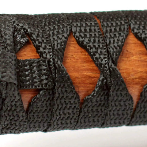 Close-up of rope-wrapped grip on Wooden Bokken With Rope Wrapped Grip And Plain Natural Saya For Iaido And Aikido Training, Hardwood Construction