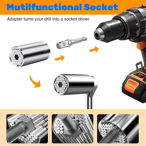 Universal Socket Wrench Kit With Power Drill Adapter, 54 Pin Spring Socket Set Fits Standard Nuts From Quarter Inch To Three Quarter Inch And Seven To Nineteen Millimeters, Great Fathers Day Gift For Dad Husband DIYer Stocking Stuffers