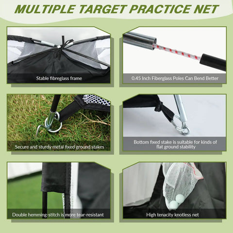 10x7Ft Golf Practice Net With Swing Mat For Backyard Driving And Indoor Training showing fiberglass frame, stakes, and net details