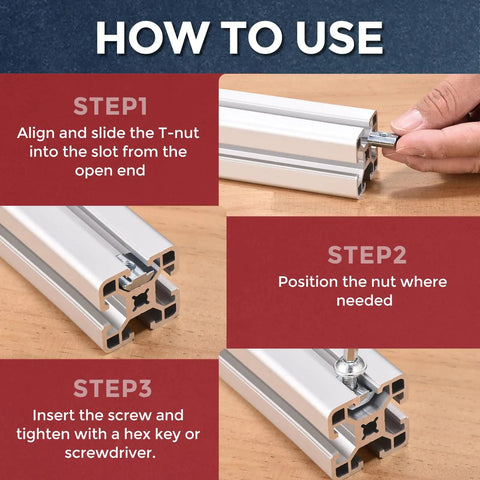 Instructions for using Bulletproof Heavy Duty Hammer Nuts Sliding T Fasteners for 3030 Aluminum Extrusion with images.