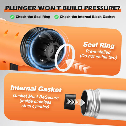 Close-up of the Heavy Duty Electric Toilet Plunger Paired With High Pressure Air Blaster showing seal ring and internal gasket.