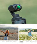 Variable ND Filter For DJI Osmo Pocket Three And Four ND Two To ND Thirty Two VND With Magnetic Mount attached to camera