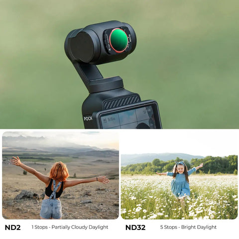 Variable ND Filter For DJI Osmo Pocket Three And Four ND Two To ND Thirty Two VND With Magnetic Mount attached to camera