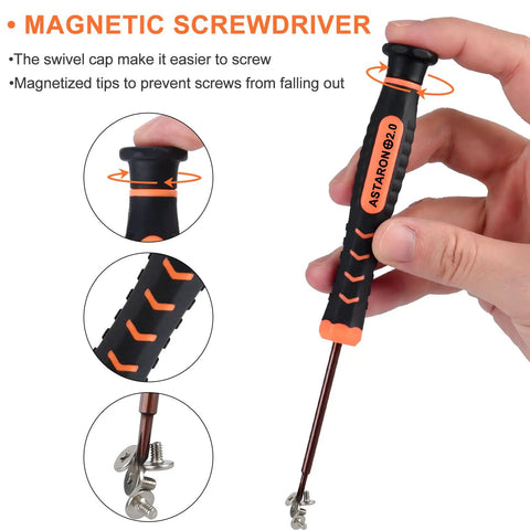 Magnetic screwdriver with swivel cap for M.2 NVMe SSD Mounting Screws Kit For PC, orange and black handle, held by hand
