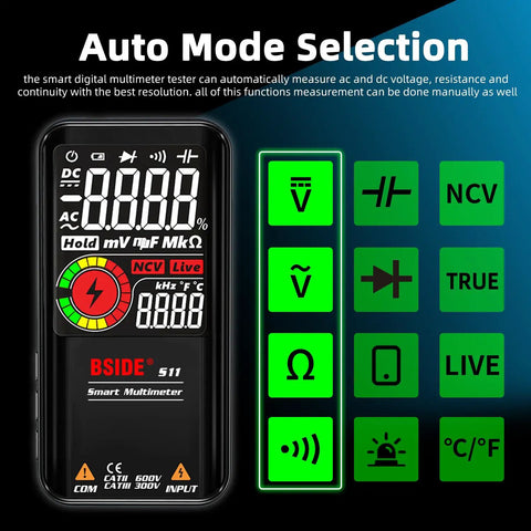 Rechargeable Multimeter And Voltage Tester Kit With Color LCD Display And EBTN Readout, showing auto mode selection features