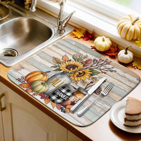 Fall Thanksgiving Dish Drying Mat Set With Pumpkin And Sunflower Pattern, Wood Grain Look, Absorbent Microfiber, 16 X 18 Inches