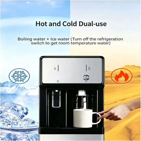 Slick Tankless Water Dispenser Chiller With Four Stage Filtration And Three Custom Temp Settings for hot and cold water dispensing.
