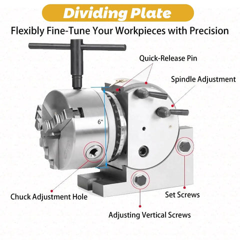 Top Shelf Six Inch Cast Iron Dividing Head Set With Three Jaw Chuck Precision Rotary Index Plates Tailstock For Cnc Milling Woodworking Workflows No Sweat Calibration with quick-release pin and adjustable spindle.