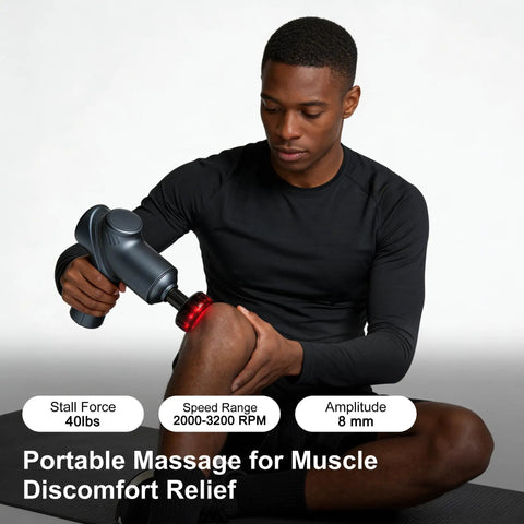Man uses Heat Massage Gun For Pain Relief With Deep Tissue Back Massager Mini Percussion Massage Gun For Home Office Travel Portable Muscle Therapy Device In Blue