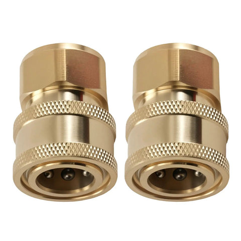 Close-up of Two Gun Pressure Washer Splitter Tee with Three Eighth Inch Brass Quick Connect Fitting, ideal for dual gun system