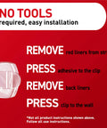 Installation guide for Damage Free Round Cord Clips Set With 13 Clear Clips And 16 Strips for no tools wall mounting.
