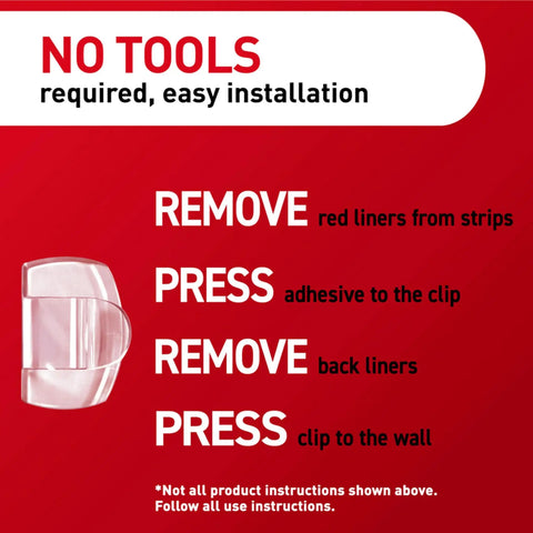 Installation guide for Damage Free Round Cord Clips Set With 13 Clear Clips And 16 Strips for no tools wall mounting.