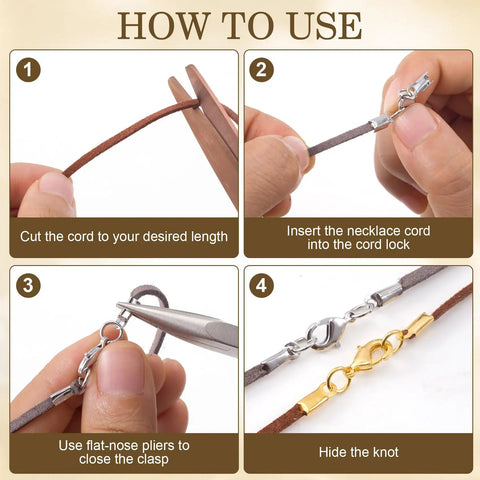 How to use 6-Piece Cord End Caps With Lobster Clasps, 4mm Leather Cord Ends Jewelry Clasps, Brass Barrel Terminators