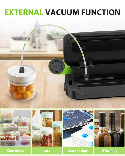 Automatic Vacuum Sealer Machine With Built In Cutter, 90KPa Vacuum, External vacuum hose for jars and containers, Black.