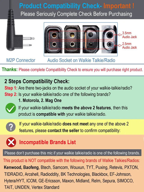 Compatibility guide for 2 pin microphone; shows M2P connector and audio socket with 3.5mm and 2.5mm jacks.