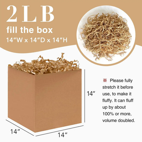 2Lb Crinkle Cut Paper Shred Filler for Gift Baskets and Packaging in Kraft color, shown in 14-inch box, bulk filler