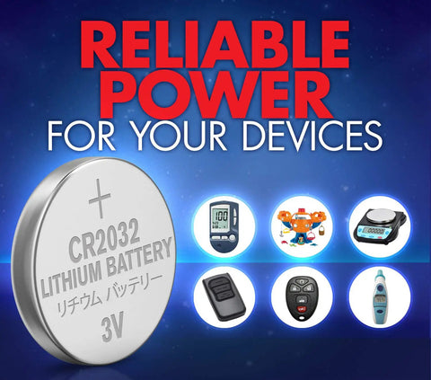 Pack Of 24 CR2032 Lithium 3V Coin Cell Batteries For Watches And Small Electronics with battery and various devices for reference.