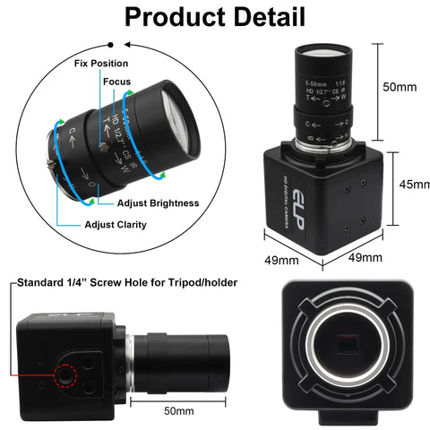Global Shutter 90fps USB Camera With 10X 5-50mm Varifocal Lens for Golf Swing Analysis, shown with adjustable focus dial.