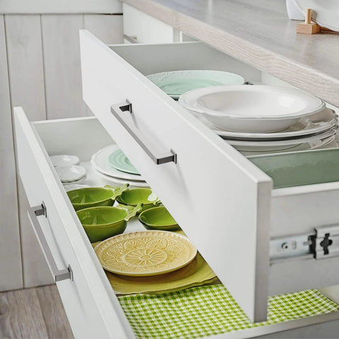 Brushed Nickel 7 Inch Cabinet Handles on kitchen drawers with plates
