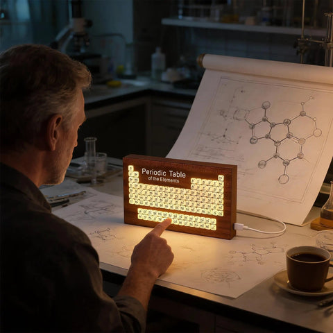 Solid Wood Periodic Table Desk Lamp With Warm Led Glow Usb Powered Science Study Gear A Hella Bright Setup For Chemistry Classrooms Dorms And Teacher Gifts Right Now, dimly lit study scene.