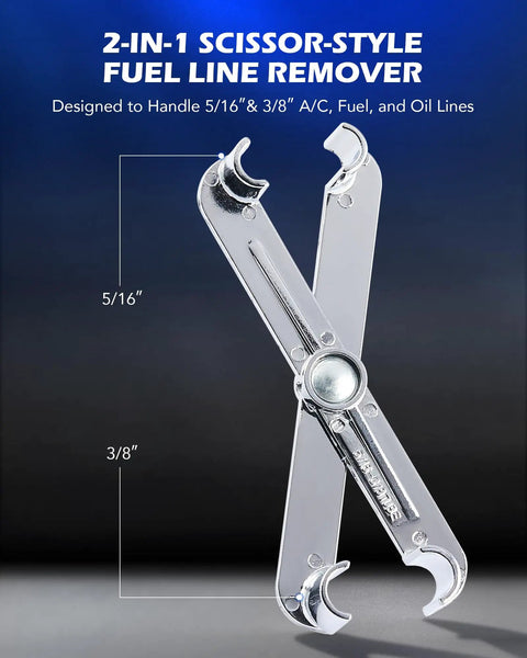 2-in-1 scissor-style tool in 25 Piece Quick Disconnect Tool Kit For A C Fuel Lines And Transmission Systems Great For Mechanics And DIYers Compatible With Ford Chevy GM And More Durable Blue Hand Tool Set For Easy Line Separation And Quick Repair on blue background